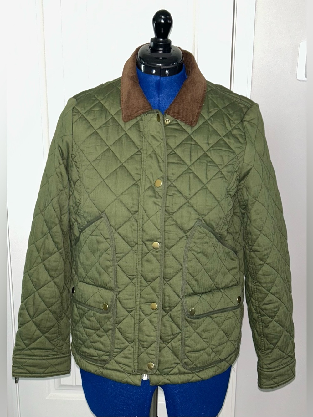 J.Crew Women’s Quilted Olive Green Jacket with Brown Corduroy Collar